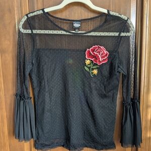 Black Sheer Floral Embroidered Women's Top